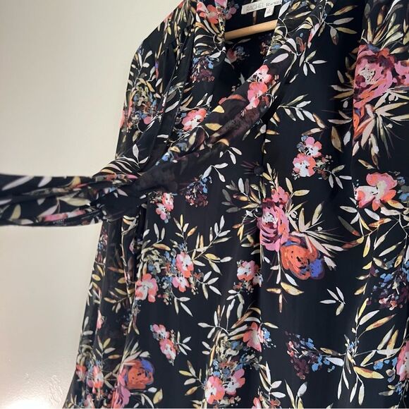 Rachel Rachel Roy Tie Neck Black Chiffon Sheer Sleeve Floral Mini Dress Size 4 - Picture 13 of 16